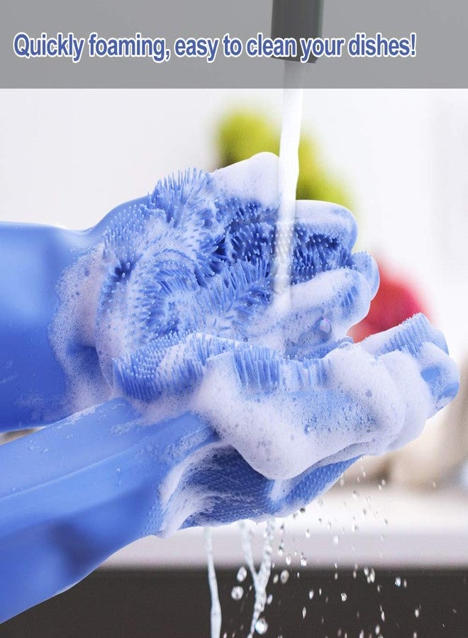 VRT Reusable Silicone Dishwashing Gloves, Pair of Rubber Scrubbing Gloves for Dishes, Wash Cleaning Gloves with Sponge Scrubbers for Washing Kitchen, Bathroom, Car & More (Blue) - Image 2